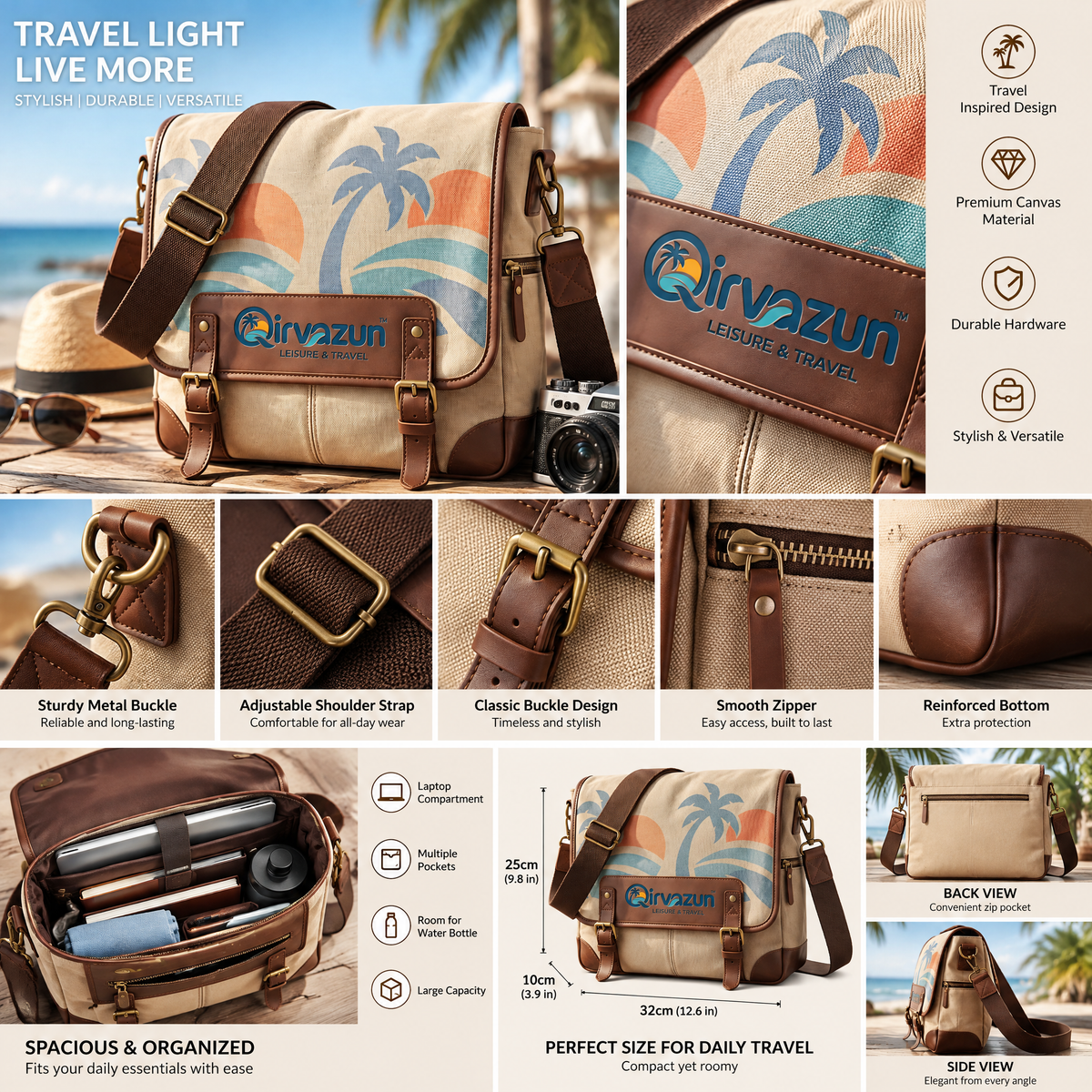 Qirvazun™ Tropical Palm Vintage Canvas Messenger Bag | Retro Unisex Travel &amp; Everyday Crossbody Satchel