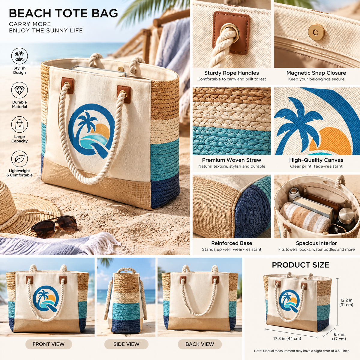 Qirvazun™ Large Canvas &amp; Woven Straw Beach Tote Bag with Soft Rope Handles