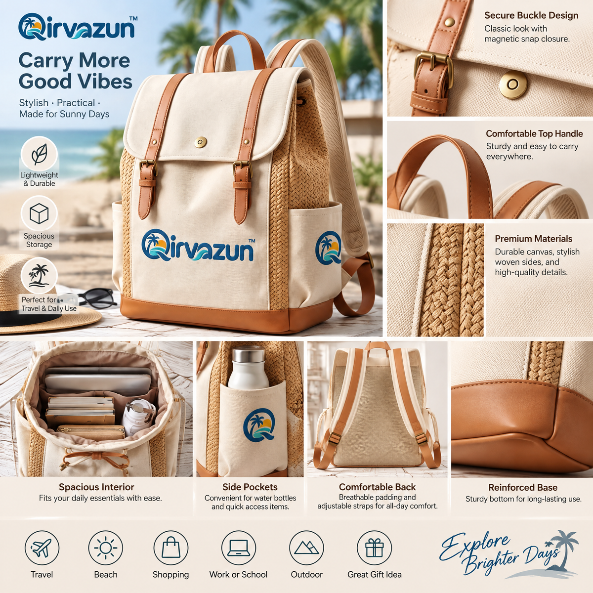 Qirvazun™ Women's Canvas &amp; Woven Straw Backpack - Vintage Coastal Flap Rucksack with Leather Trim for Travel, Beach &amp; Daily Use