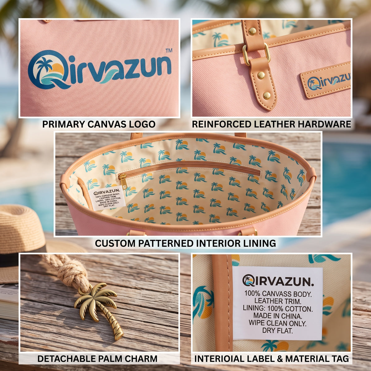 Qirvazun™ Pastel Pink Canvas Tote Bag with Vegan Leather Trim &amp; Tropical Palm Charm