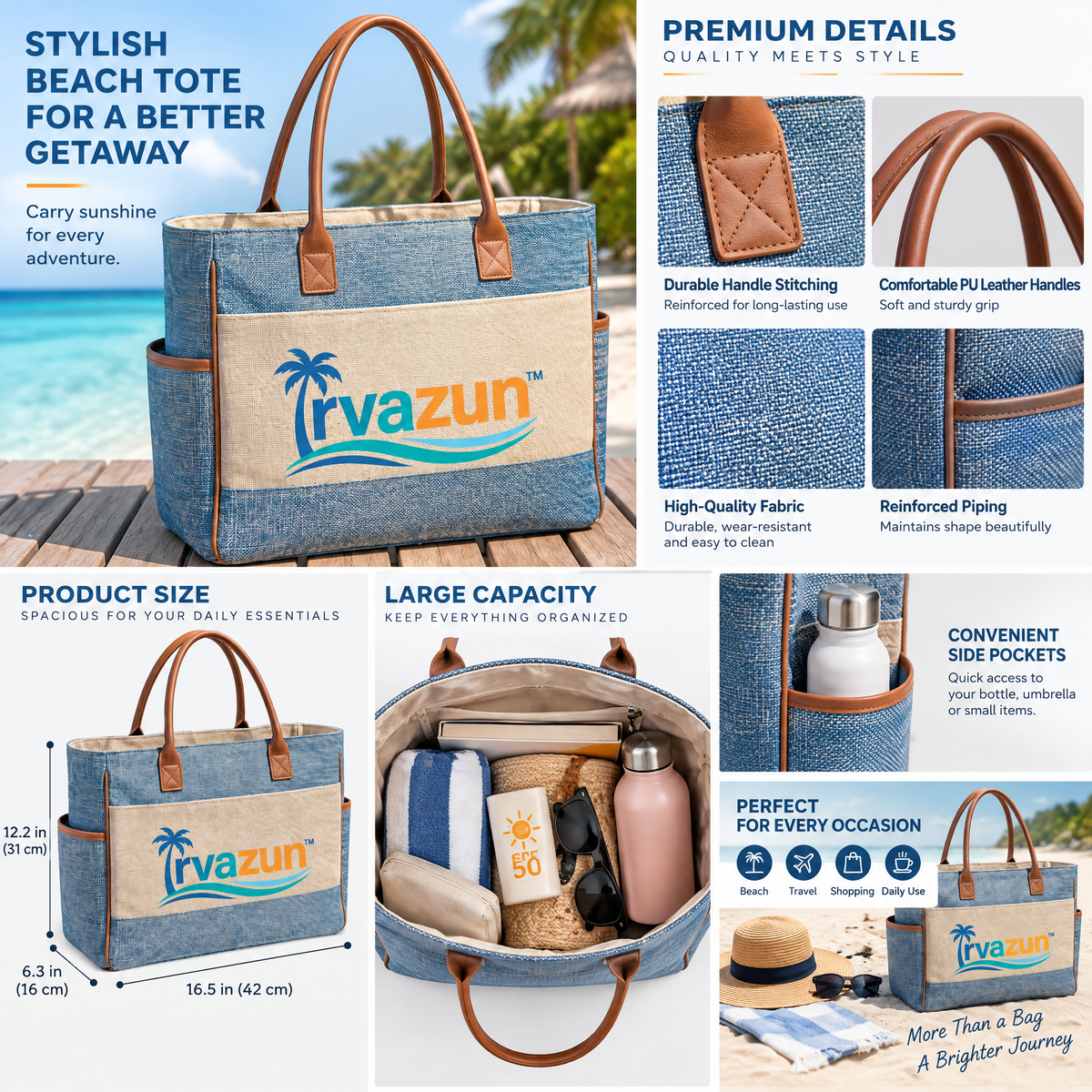 Qirvazun™ Large Canvas Beach Tote Bag – Structured Summer Vacation Shoulder Handbag with Exterior Pockets