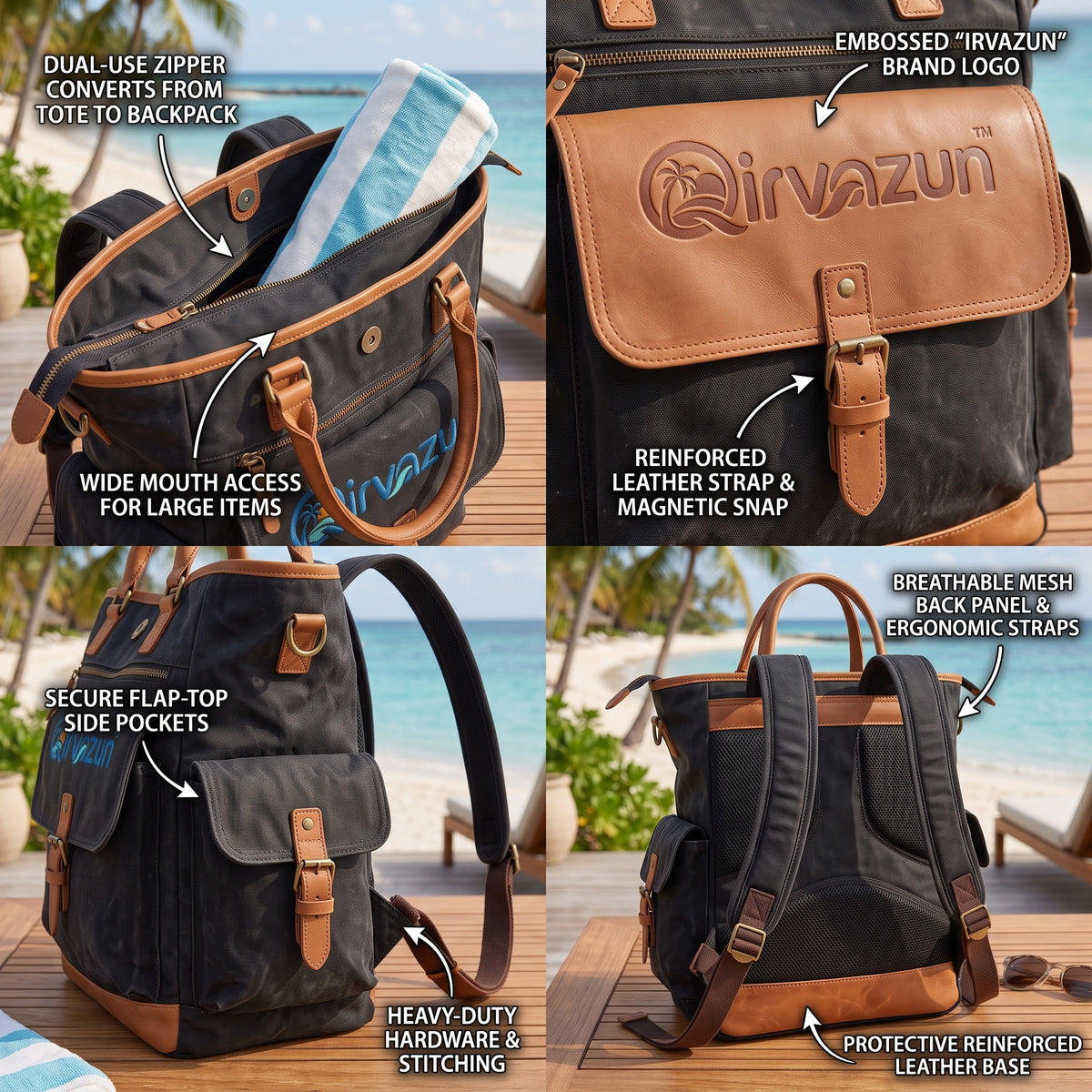 Qirvazun™ Convertible Canvas Backpack Tote | Heavy-Duty Beach &amp; Travel Weekender Bag with Premium Leather Trim