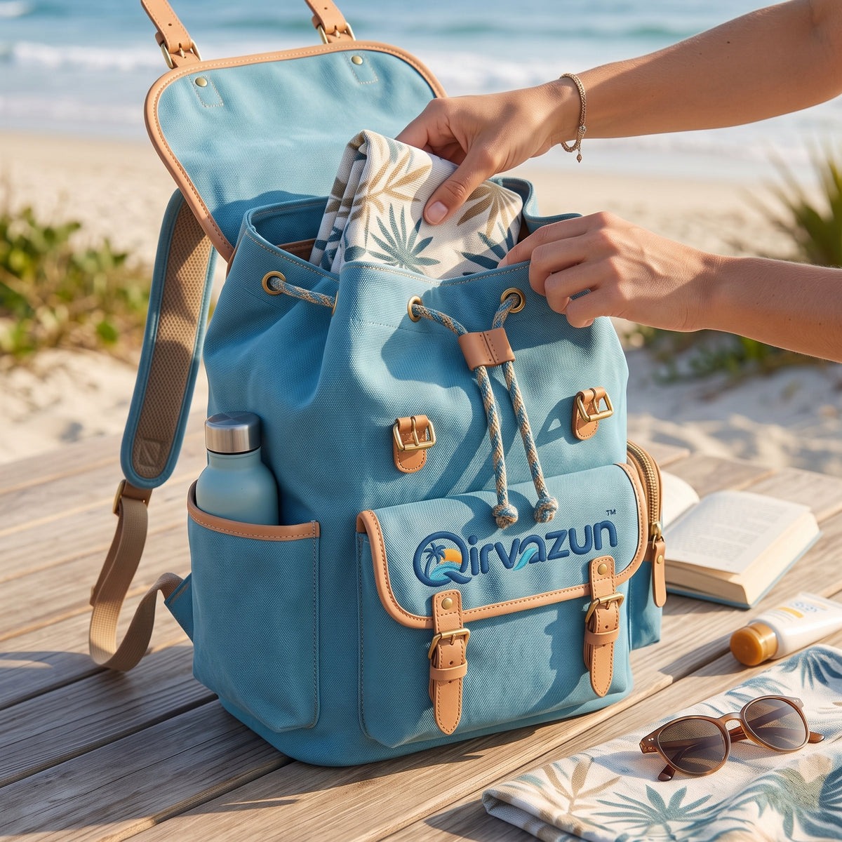 Qirvazun™ Vintage Canvas Backpack – Coastal Travel Rucksack &amp; Everyday Daypack with Leather Trim