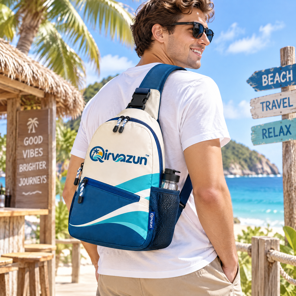 Qirvazun™ Lightweight Crossbody Sling Bag - Casual Travel Chest Backpack with Bottle Holder, Water-Resistant Ocean Wave Daypack for Outdoor, Hiking &amp; Beach Trips