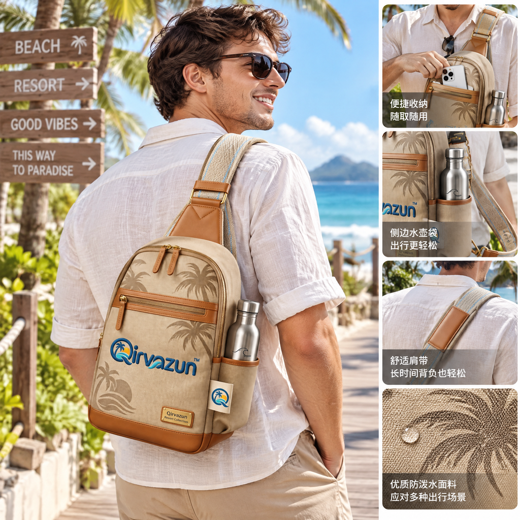 Qirvazun™ Canvas Crossbody Sling Bag – Tropical Travel Daypack with Water Bottle Holder &amp; Vegan Leather Trim
