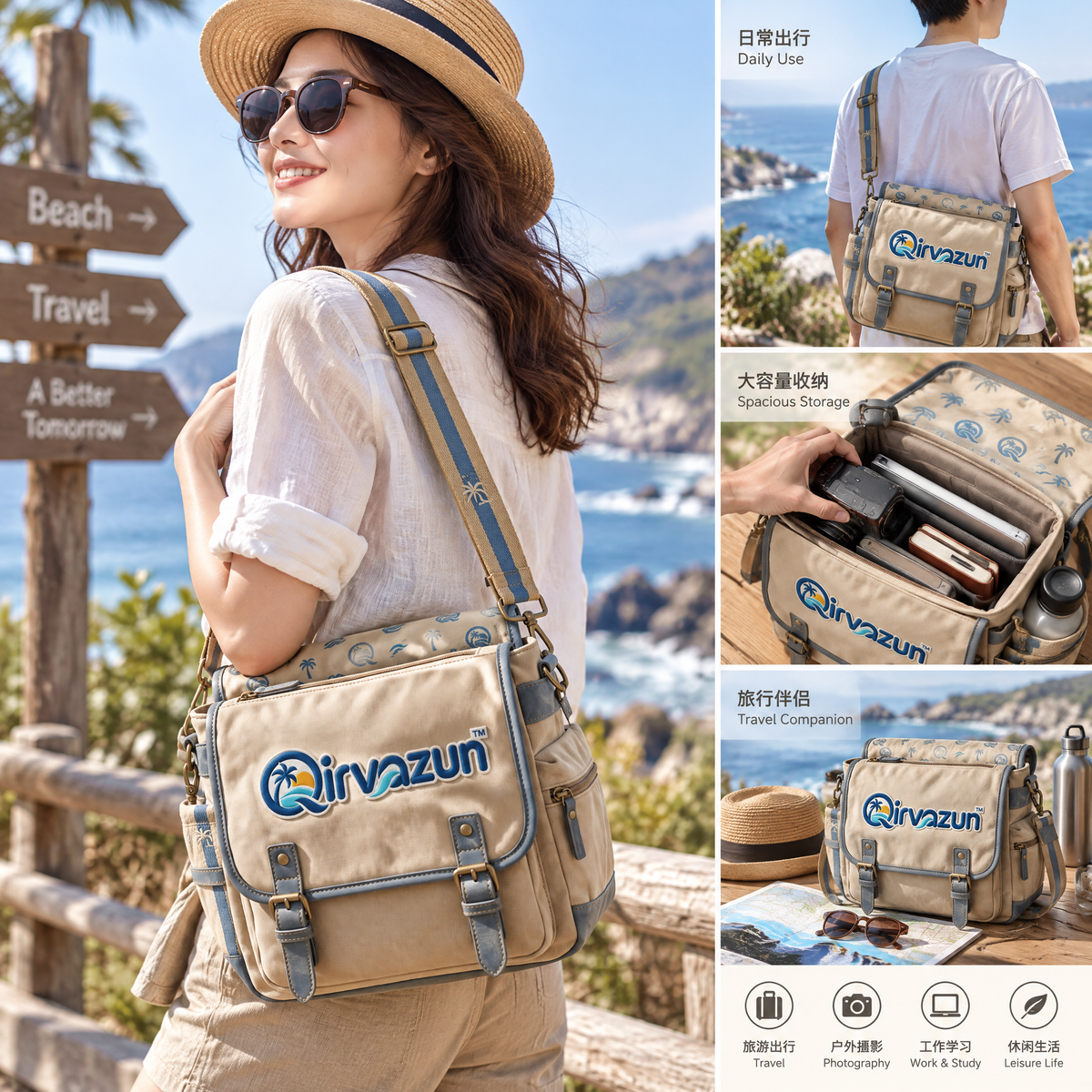 Qirvazun™ Unisex Vintage Canvas Messenger Bag – Casual Crossbody Travel Satchel with Coastal Print Lining &amp; Adjustable Strap