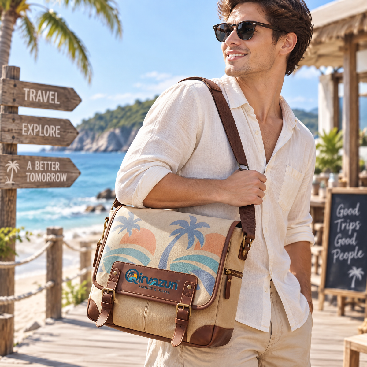 Qirvazun™ Tropical Palm Vintage Canvas Messenger Bag | Retro Unisex Travel &amp; Everyday Crossbody Satchel
