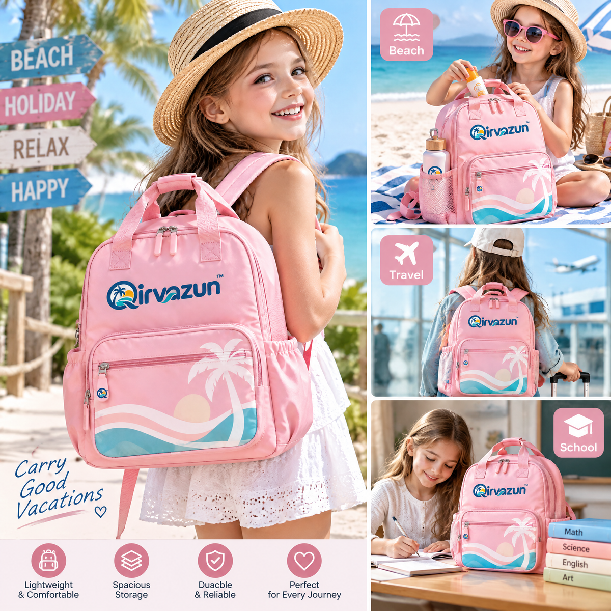 Qirvazun™ Pastel Pink Vacation Backpack – Lightweight Tropical Travel Daypack with Tote Handles
